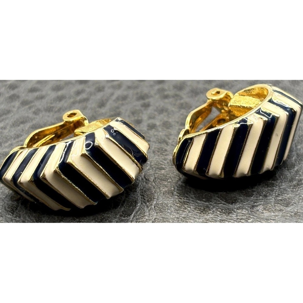 Vintage Joan Rivers Navy Blue White Enamel Striped Clip On Hoop Earrings